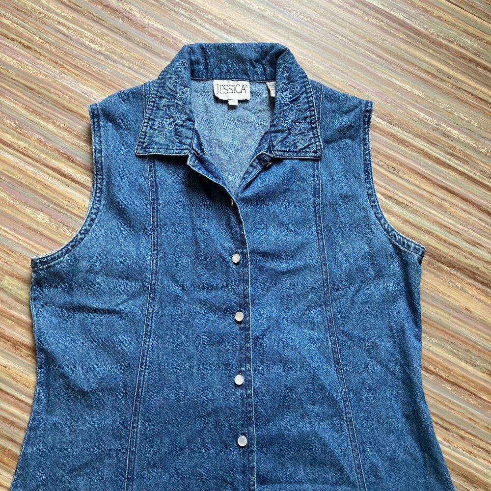 Jessica Sleeveless Denim Chambray Maxi Dress Button Front Embroidered Collar - Picture 4 of 10